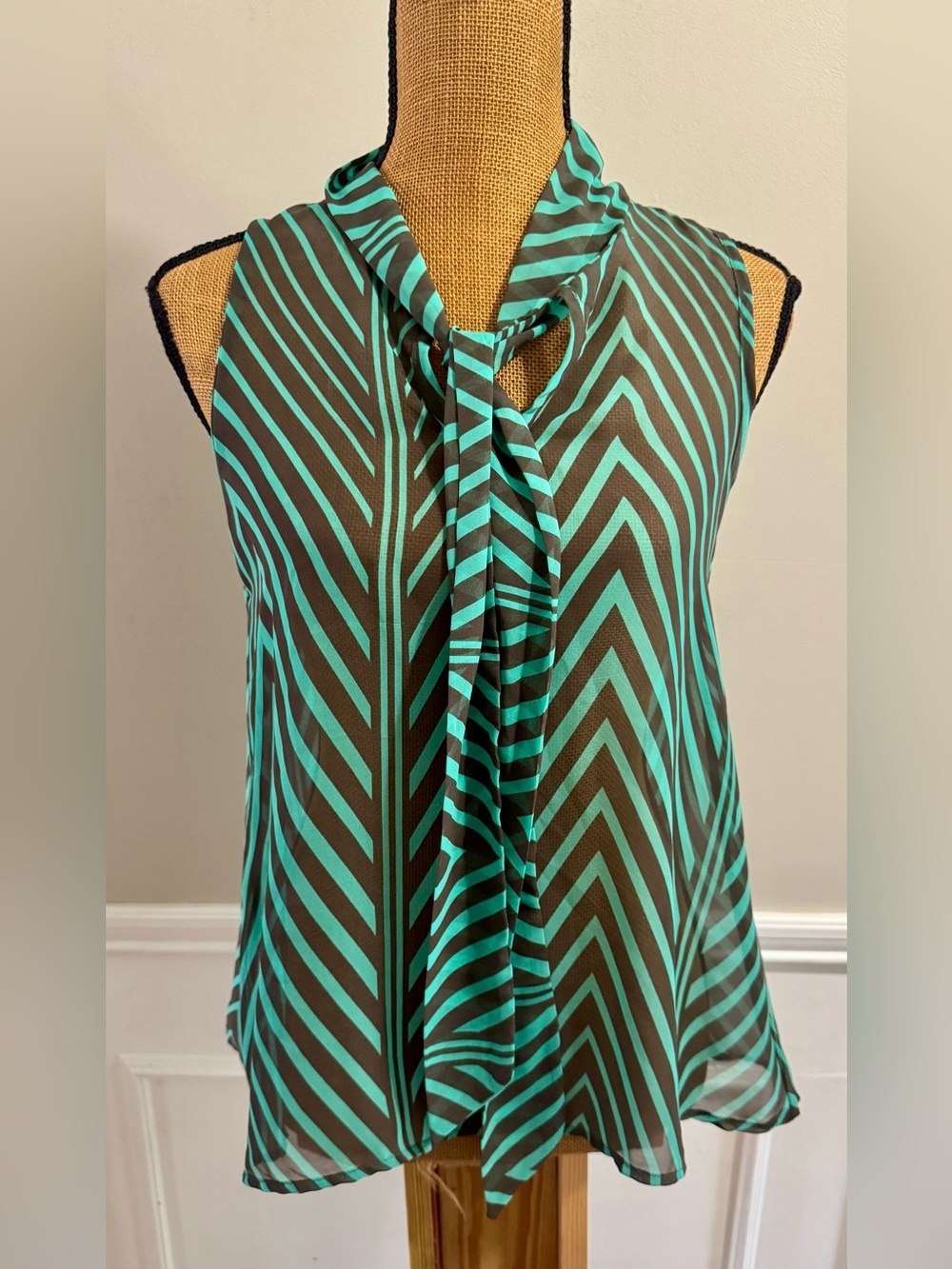 Peach Love California Chevron Chiffon Blouse Small Teal Gray Scarf Tie Top‎